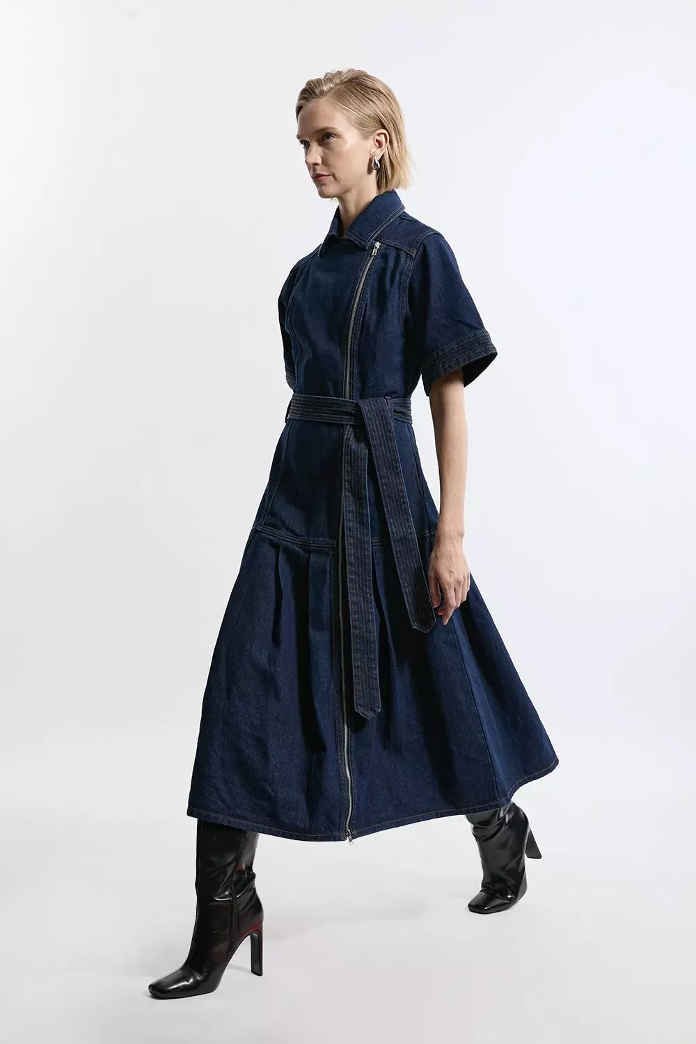 Petite Denim Pleated Hem Biker Dress Karen Millen